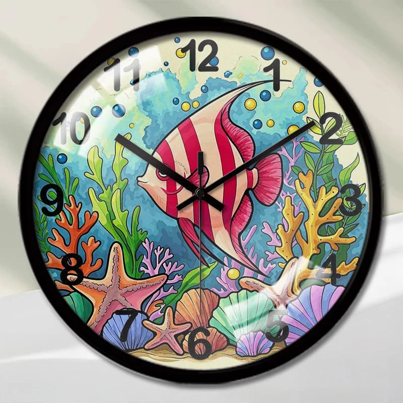 Round silent suspended wall clock with white striped pink fish, suitable for living room, school, study room, bedroom, children's gift