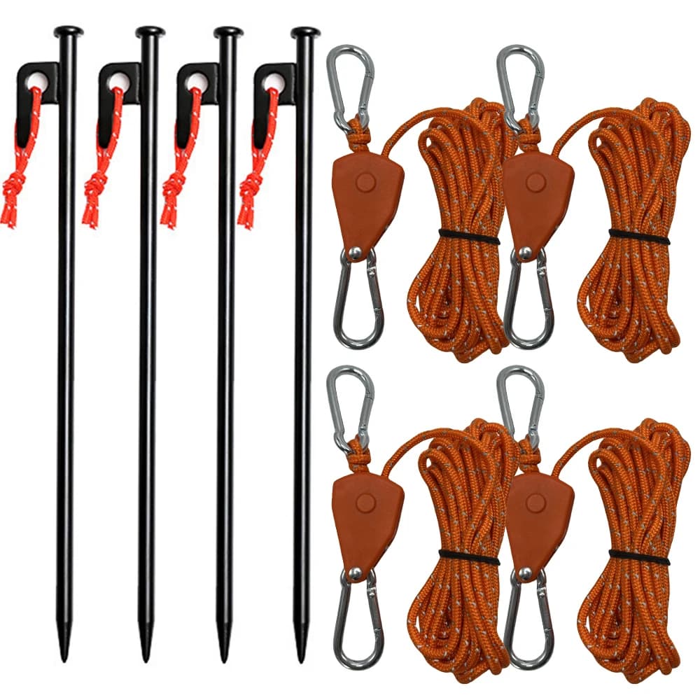 4 pieces 4 m camping rope tent adjustable rope 4 pieces pioli nails ground set 1 pcs nails bag with storage bag pulley curtain rack ratchet