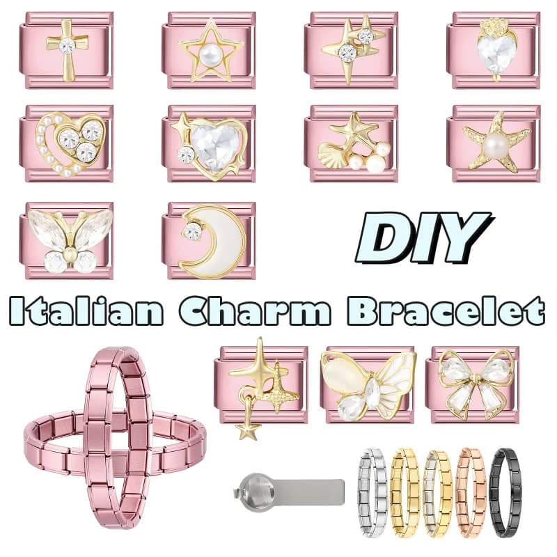 Golden Zircon Cherry Butterfly Moon Heart Flower Starfish Pink Italian Charm Links Fit 9mm Stainless Steel Bracelet DIY Making