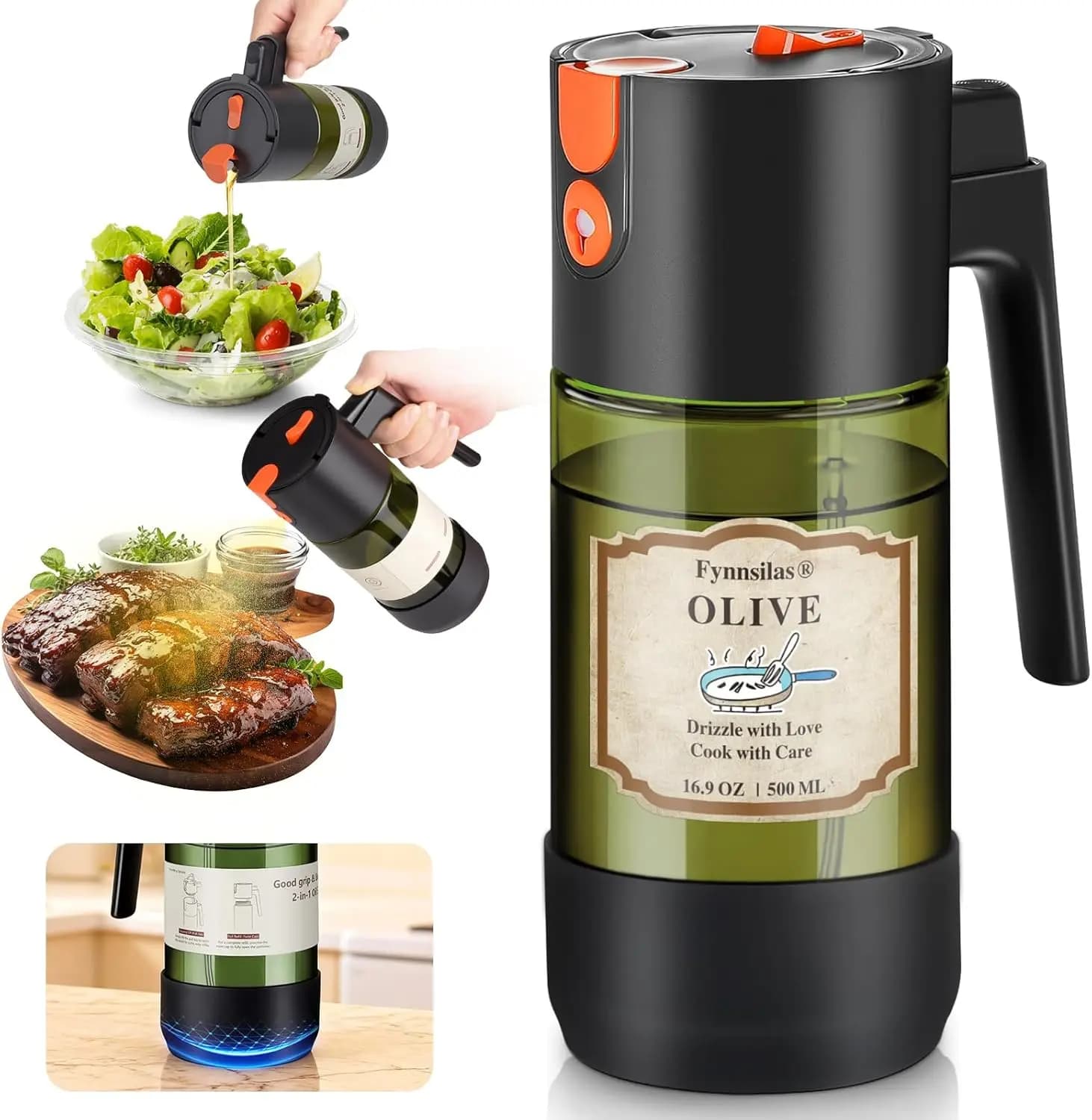 Spruzzatore d'Olio 2-in-1 in Vetro Scuro con Controllo Porzioni, 500ml per Cucina e Friggitrice ad Aria