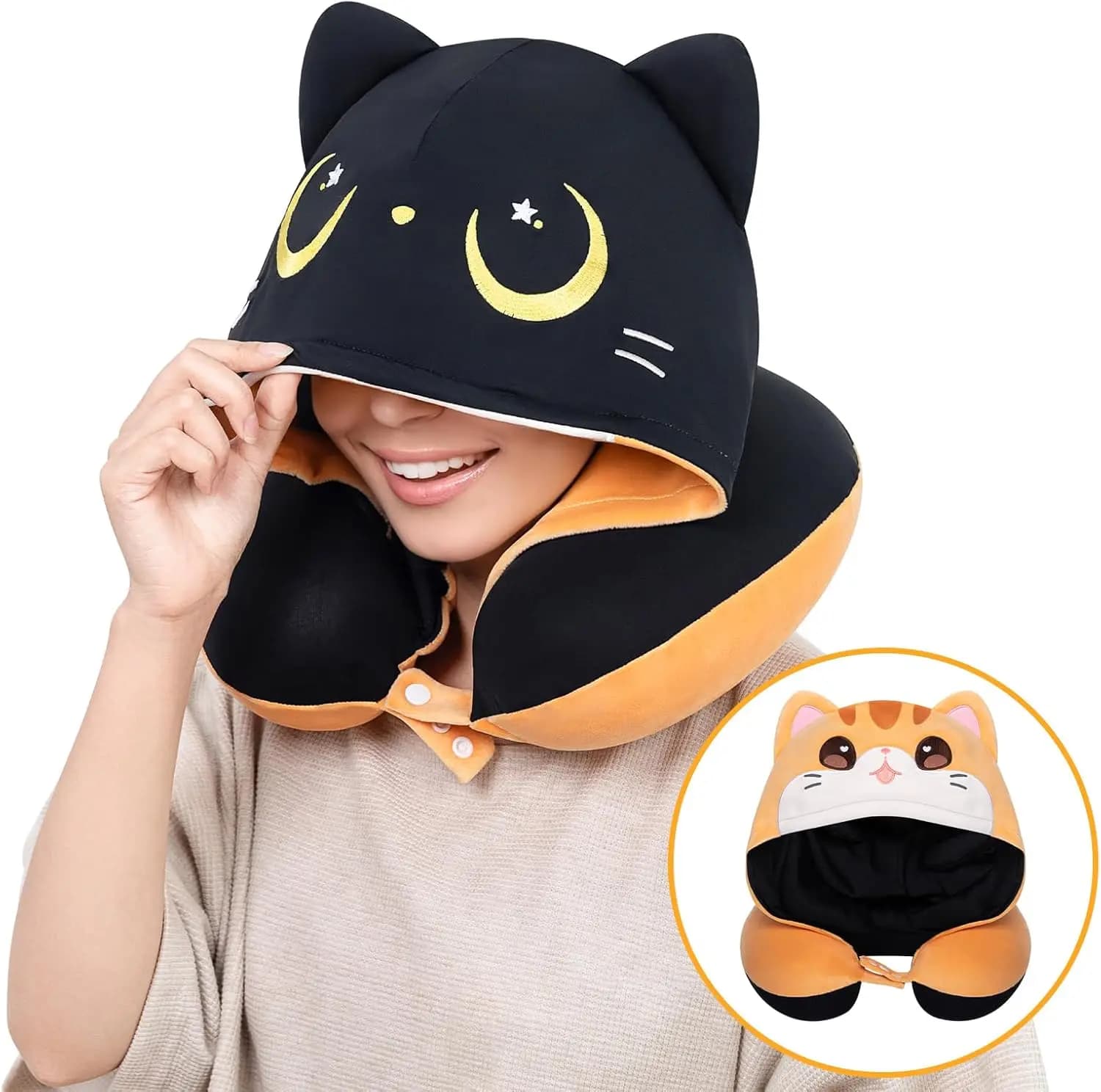 Cuscino da Viaggio per Bambini con Cappuccio, Supporto in Memory Foam, Tessuto Rinfrescante e Termico su Entrambi i Lati, Regolabile per Voli