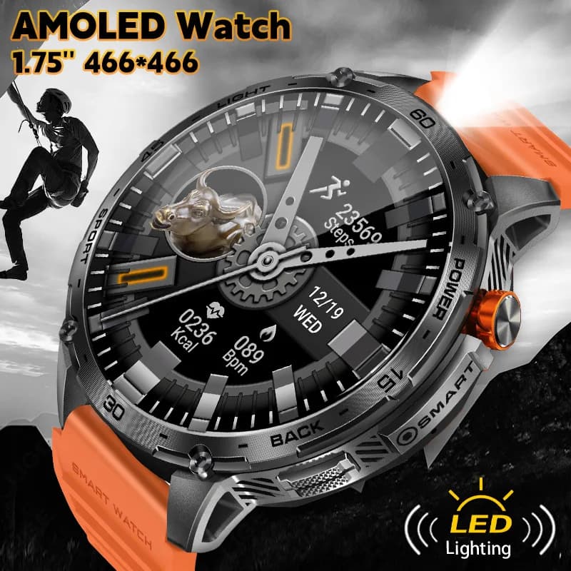 LIGE Smartwatch Militare con Batteria Grande da 730mAh, Torcia, Display AMOLED HD, Impermeabile 3ATM, Orologio Sportivo da Esterno per Uomo
