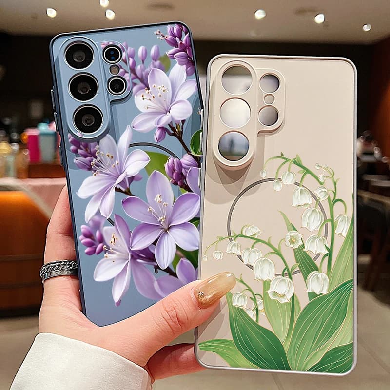 White Flowers Pattern Magnetic Phone Case For Samsung Galaxy S26 S25 Ultra Edge S24 S23 FE A57 A17 A56 A37 A16 A36 A55 A54 Cover