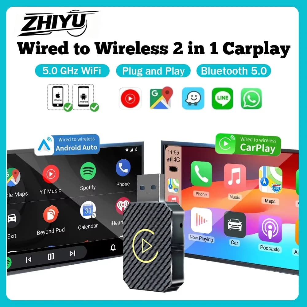 ZHIYU Adapter Mini Carplay Wireless 2IN1, AI Box for Auto Plug & Play, Smart Dongle Android Auto WiFi 5.0GHz Bluetooth 5.0