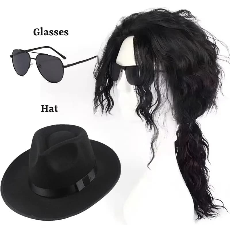 MJ King of Pop Michael Jackson Cosplay Wig Glasses Hat for Men Women Theme Party Fashion Creativity Role-playing Hairpiece Cap