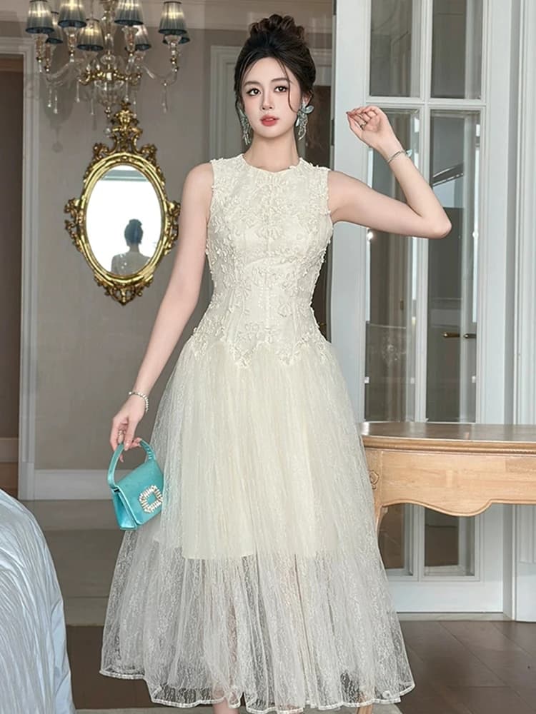 Elegante dolce abito in tulle da donna sexy maglia trasparente giuntura gilet altalena abito da sera femminile abiti da ballo abito Mujer
