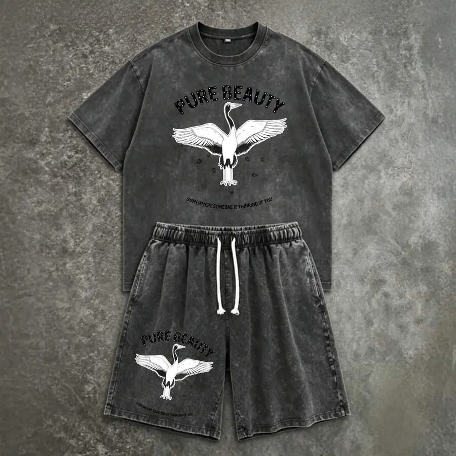 Set di t-shirt oversize e pantaloncini con stampa gru lavata, completo casual a due pezzi per uomo