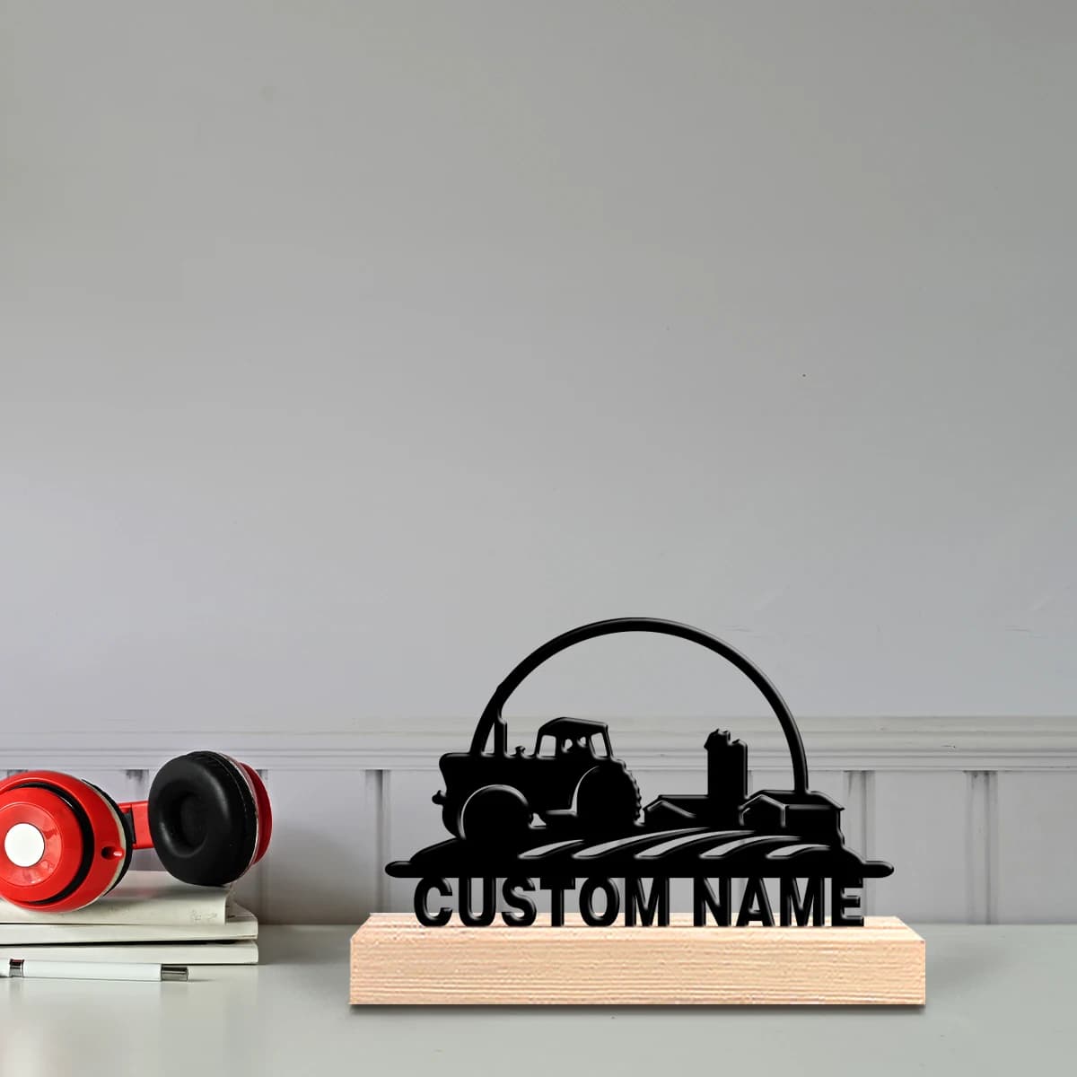 Custom Metal Statue of Tractors and Factories with Wood Base, Table Decoration, Camping Desk Sculpture