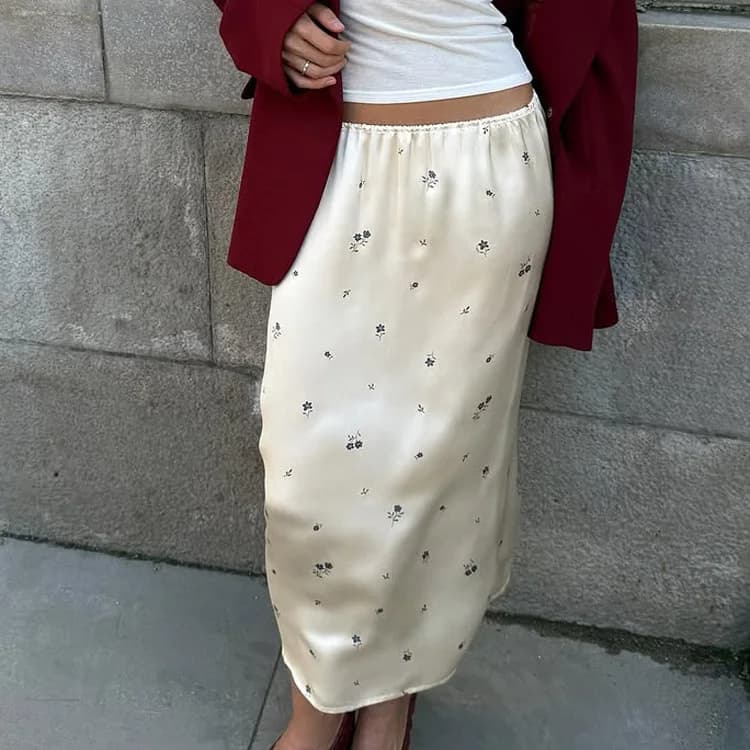 Gonna Casual Larga Stampata da Donna 2026, Gonna Lunga Elegante a Vita Alta in Raso, Abbigliamento Femminile alla Moda