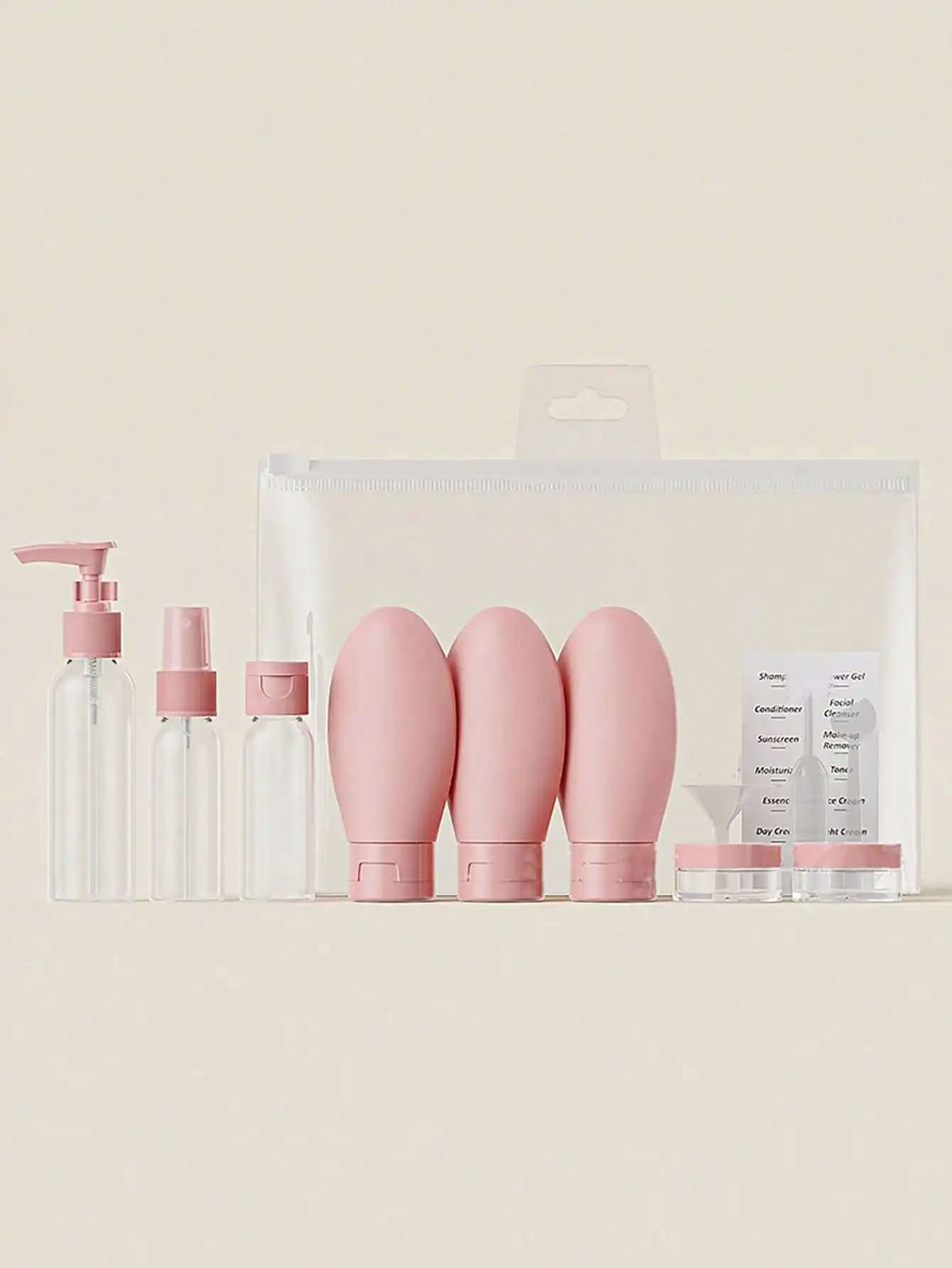 Travel Set 11 Pieces: Spray, Lotion, Shampoo, Shower Gel, Vacuum Tubes for Cosmetics and Liquids - Portable Filling Tool