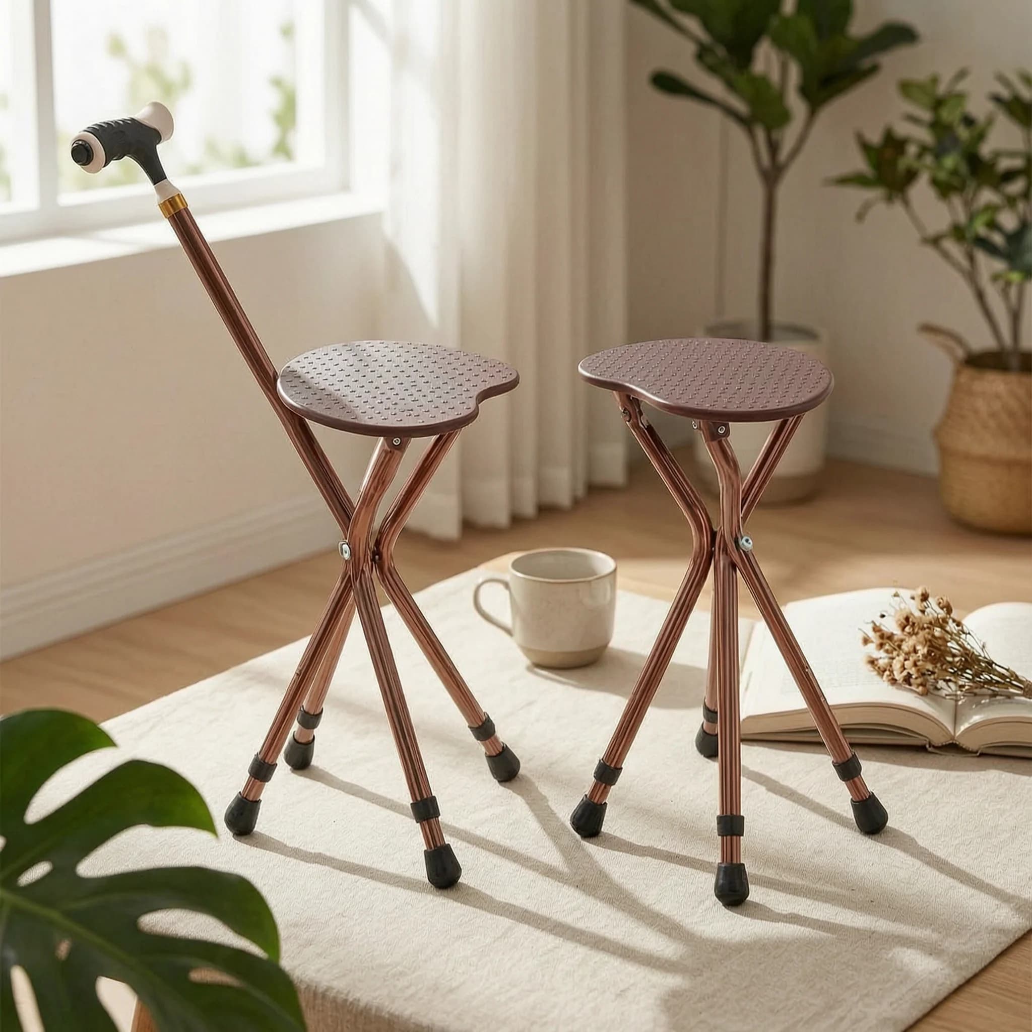 Portable Trekking Pole Seat Multi-Functional Ambulatory Cane with Seat Folding Cane Stool Lightweight Mobility Aid Foldable