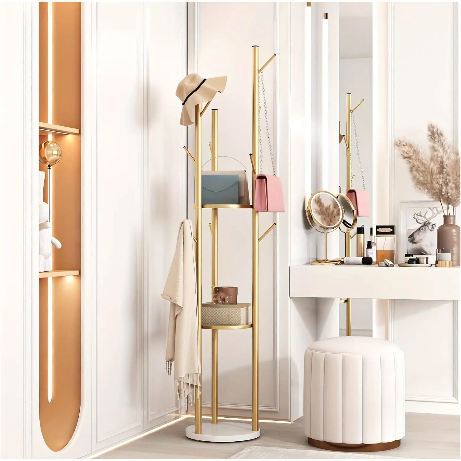Freestanding 3-Tier Metal Coat Rack with 9 Sturdy Hooks & Weighted Stone-Style Base – Space-Saving Entryway Organizer for Coats, Bags, Hats and Scarves