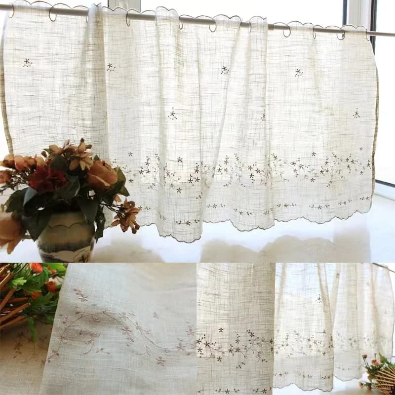 Linen Kitchen Tent for Window Flower Embroidered Short Curtain in European Style Wardrobe Cover Rustic Half Farm Tent