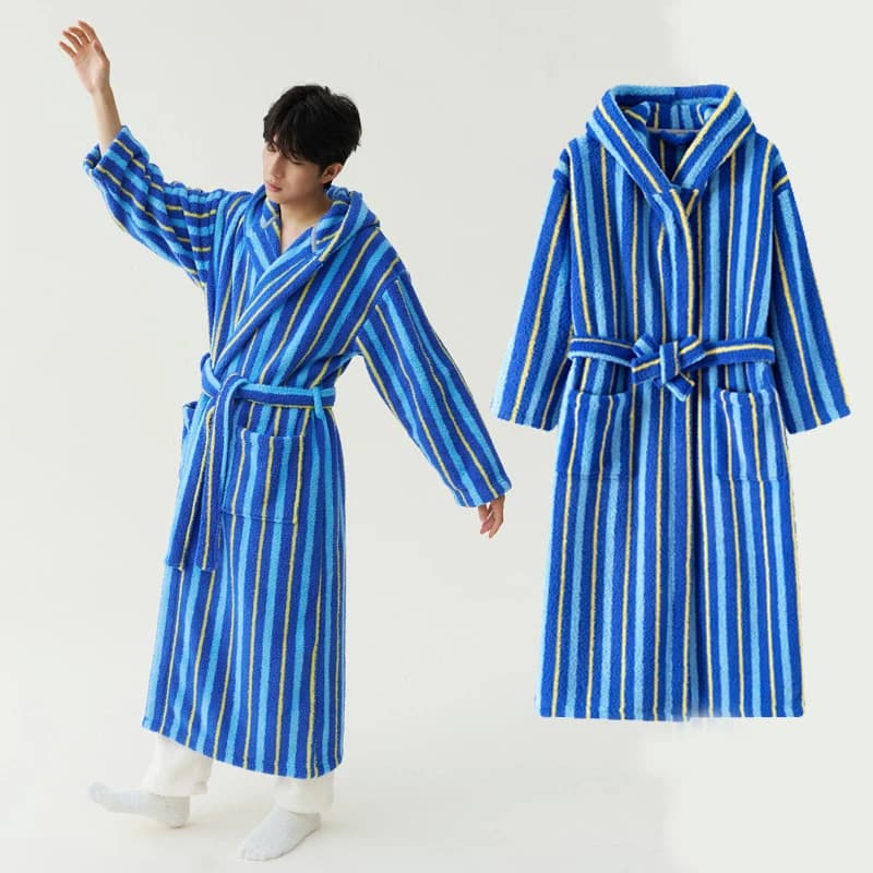 New Winter Thicken Flannel Men Long Hooden Striped Robe Sleepwear Warm Coral Fleece Bathrobe Home Dress Night Wear Loungewear