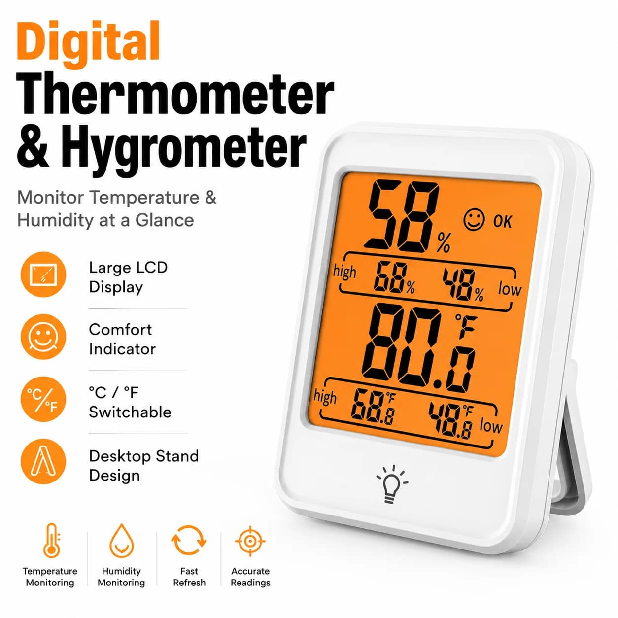 Portable Digital Temperature Humidity Meter with Magnet & Stand, Thermometer Hygrometer Monitor for Home Office Indoor Use