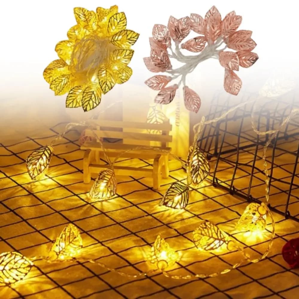 Warm White LED Decorative Lamp Hollow Design Shaped Design LED String Light Golden Metal Leaf Battery Operated