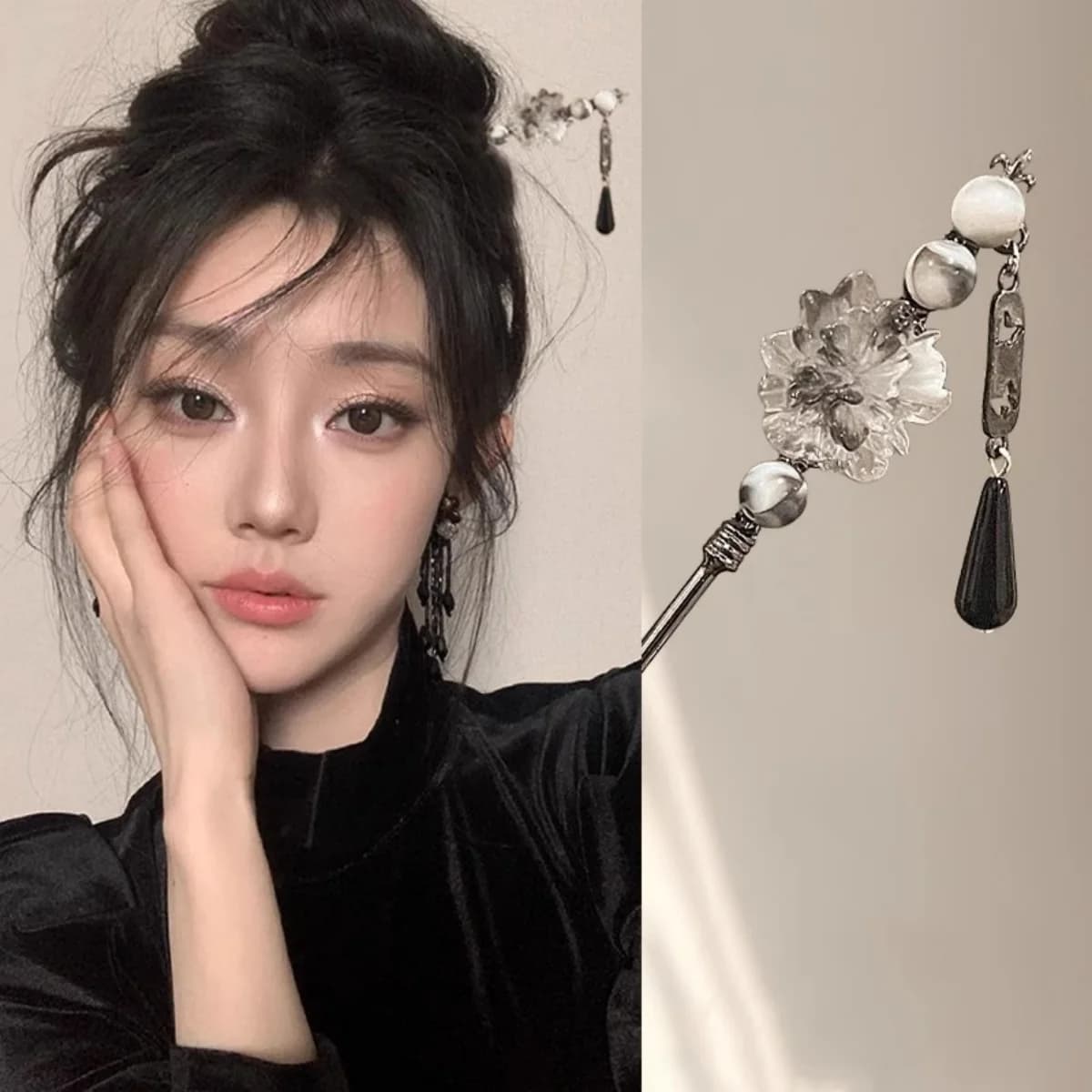 Bastone per capelli con nappa a forma di fiore in stile neocinese per donna, elegante e squisito accessorio per capelli con gioielli in metallo