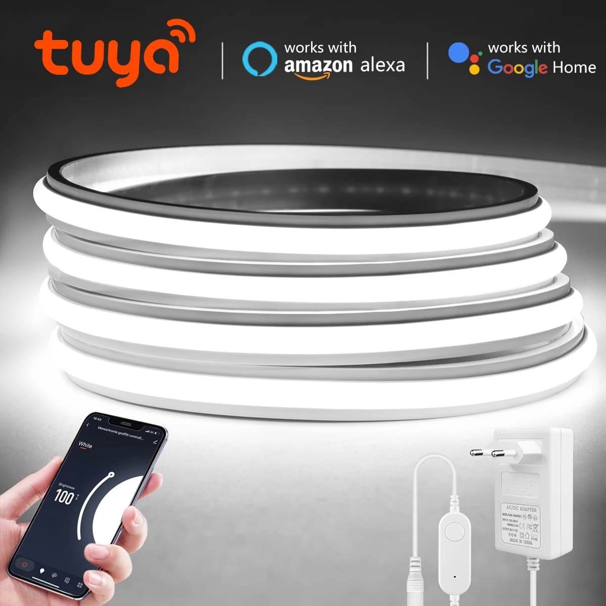 LED COB Strip in High Brightness Silicone, Neon Lights 24V 2M 5M 10M, EU/US Plug, Dimmable Lamp with Voice Control, WiFi Tuya Smart Switch, LED Tape