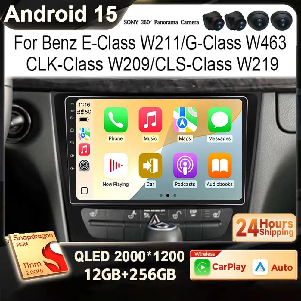 Per Mercedes Benz Classe E S211 W211 2002-2009 Classe CLS C219 2004-2010 Android 15 2K QLED CarPlay Wireless Auto WIFI BT DSP