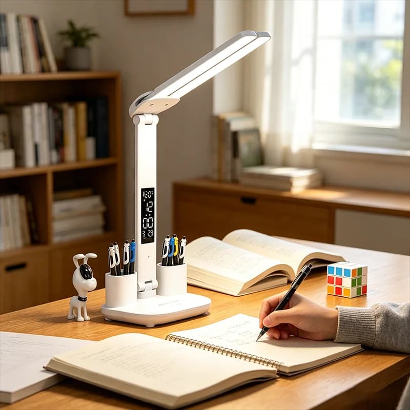 Lampada da tavolo con orologio a LED a doppia testa, ruotabile a 180 gradi, pieghevole, dimmerabile, protezione per gli occhi, luce da lettura, lampada da notte ricaricabile tramite USB