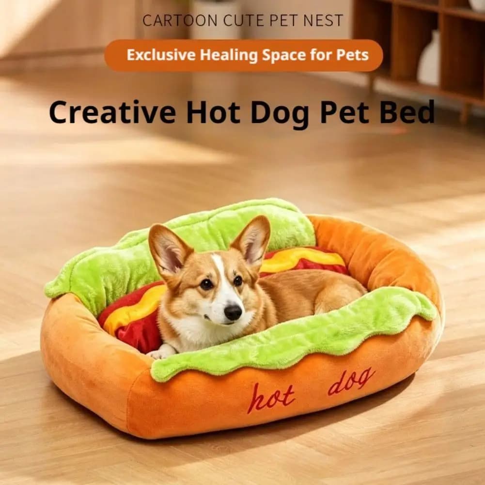 Creative Hot Dog Shaped Pet Bed Cute Cartoon Sausage Dog Cat Nest Removable Cushion Soft Plush Pet Sleeping Mat Pet Supplies