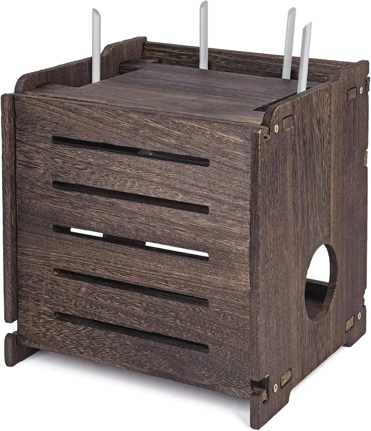Scatola porta router in legno con gestione cavi per organizer da scrivania
