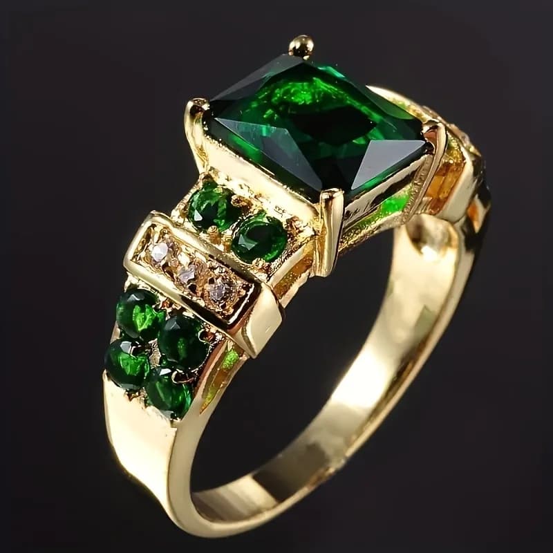 Anello in oro rettangolare con zirconi sintetici verdi e diamanti verdi