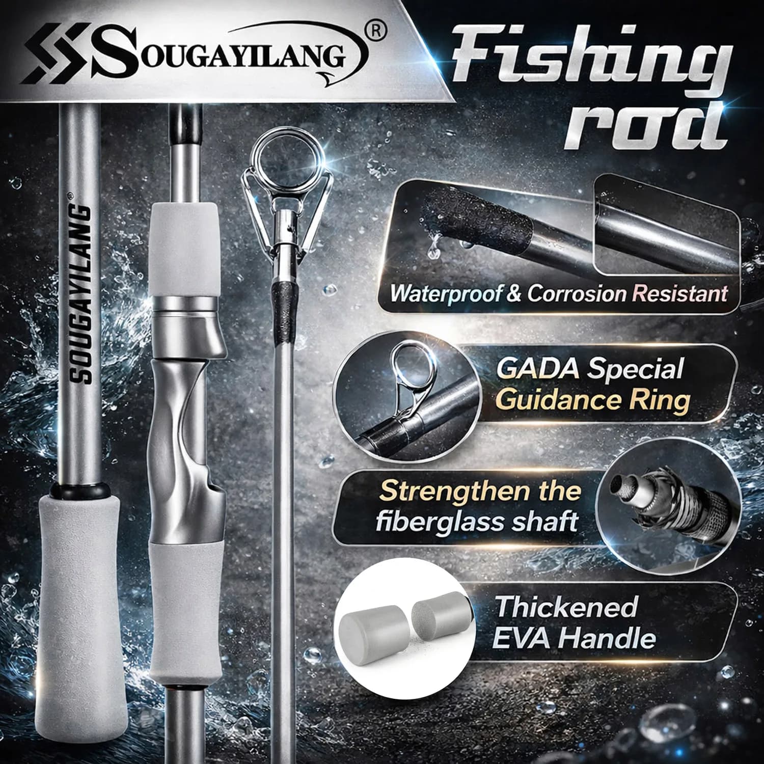 Sougayilang 1.8m 2-Piece Fiberglass Fishing Rod Spinning Casting Lightweight Durable Anti-Corrosion Fishing Pole for Freshwater