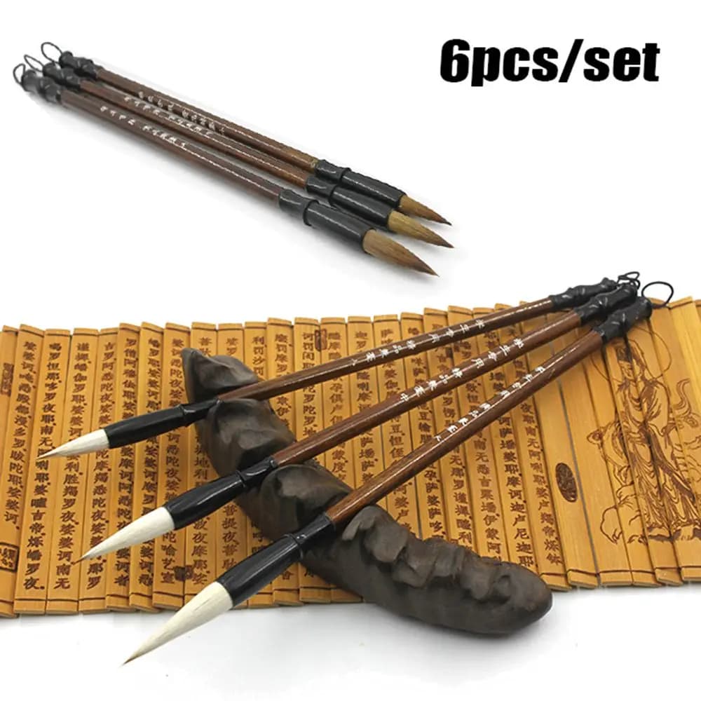 6pcs/set Stationery White Woolen Writing Brush Chinese Calligraphy Brown Weasel Hair Brush Pen