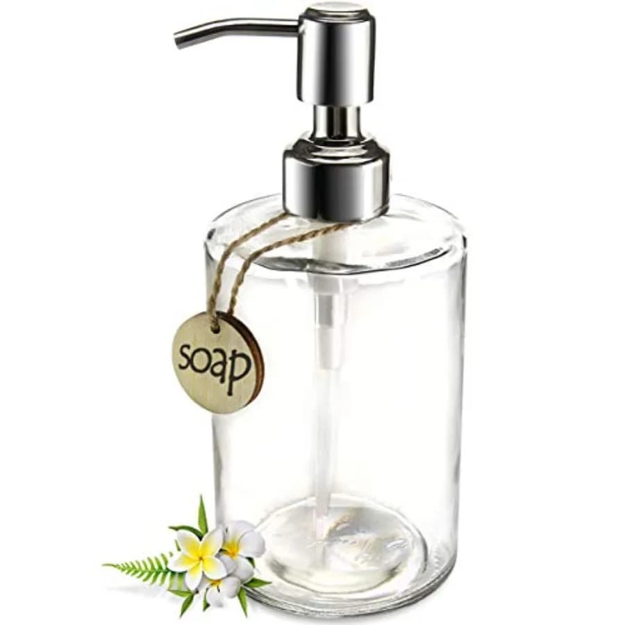 Dispenser di Sapone in Vetro Cilindrico da 16OZ con Pompa in Acciaio Inossidabile Antiruggine, Dispenser Ricaricabile per Sapone Mani e Piatti
