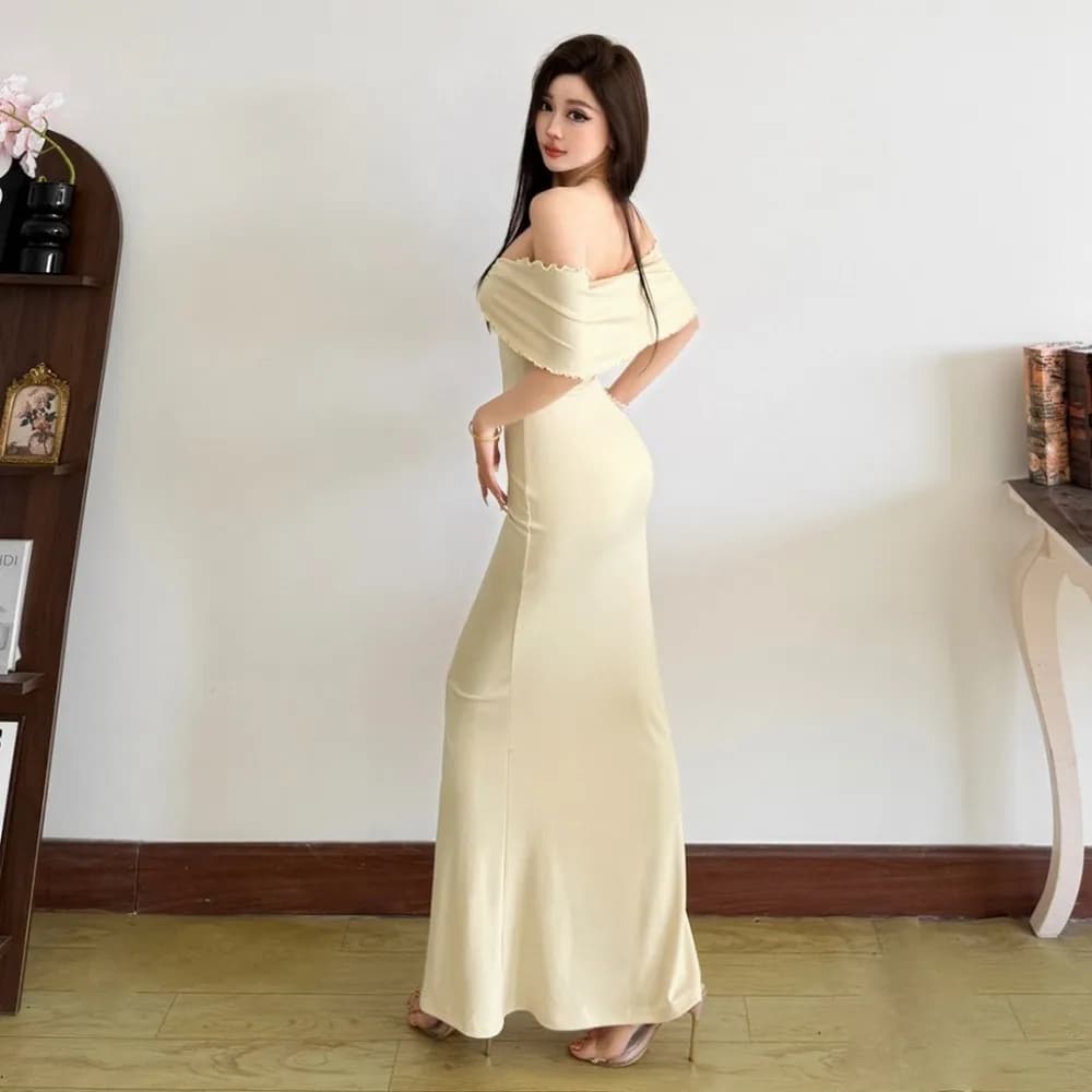 SylCue Casual Elegant Long Dress Woman Summer Trend Slash Neck Backless High Waist Robe Daily Street Simple Style Basic Vestidos