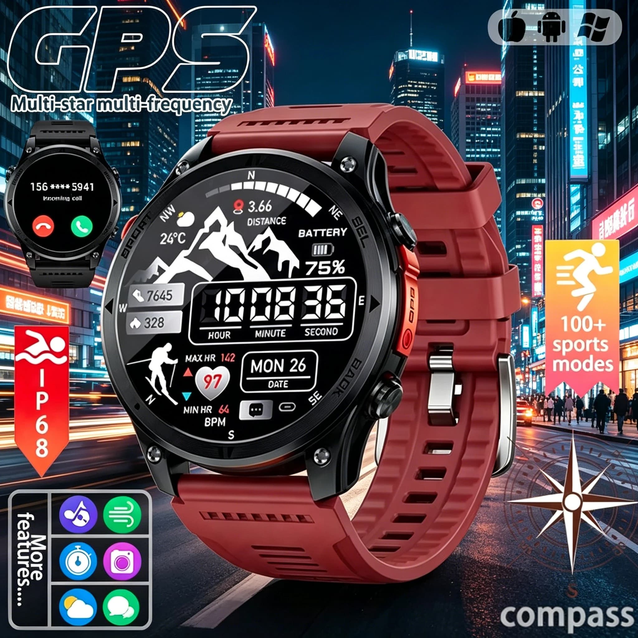 2026 New men's sport smartwatch with GPS trackingcompass100+sportsmodeswireless callintelligentreminderoutdoorfitnesssmartwatch