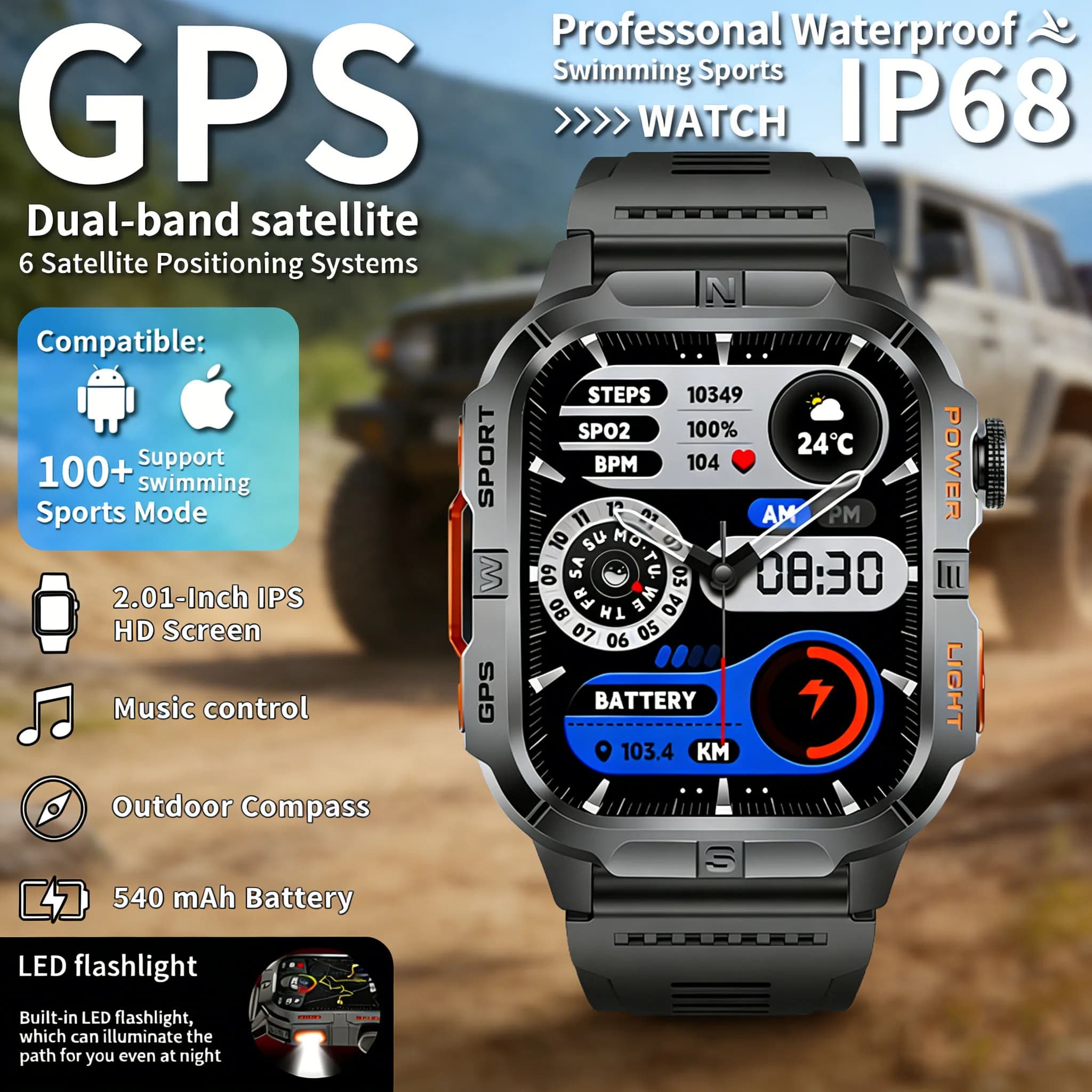 Nuovo Orologio Intelligente GPS Professionale da Esterno per Uomo, Batteria Ultra Grande da 540mAh, Torcia, Tracker Fitness Militare, Orologio per la Salute