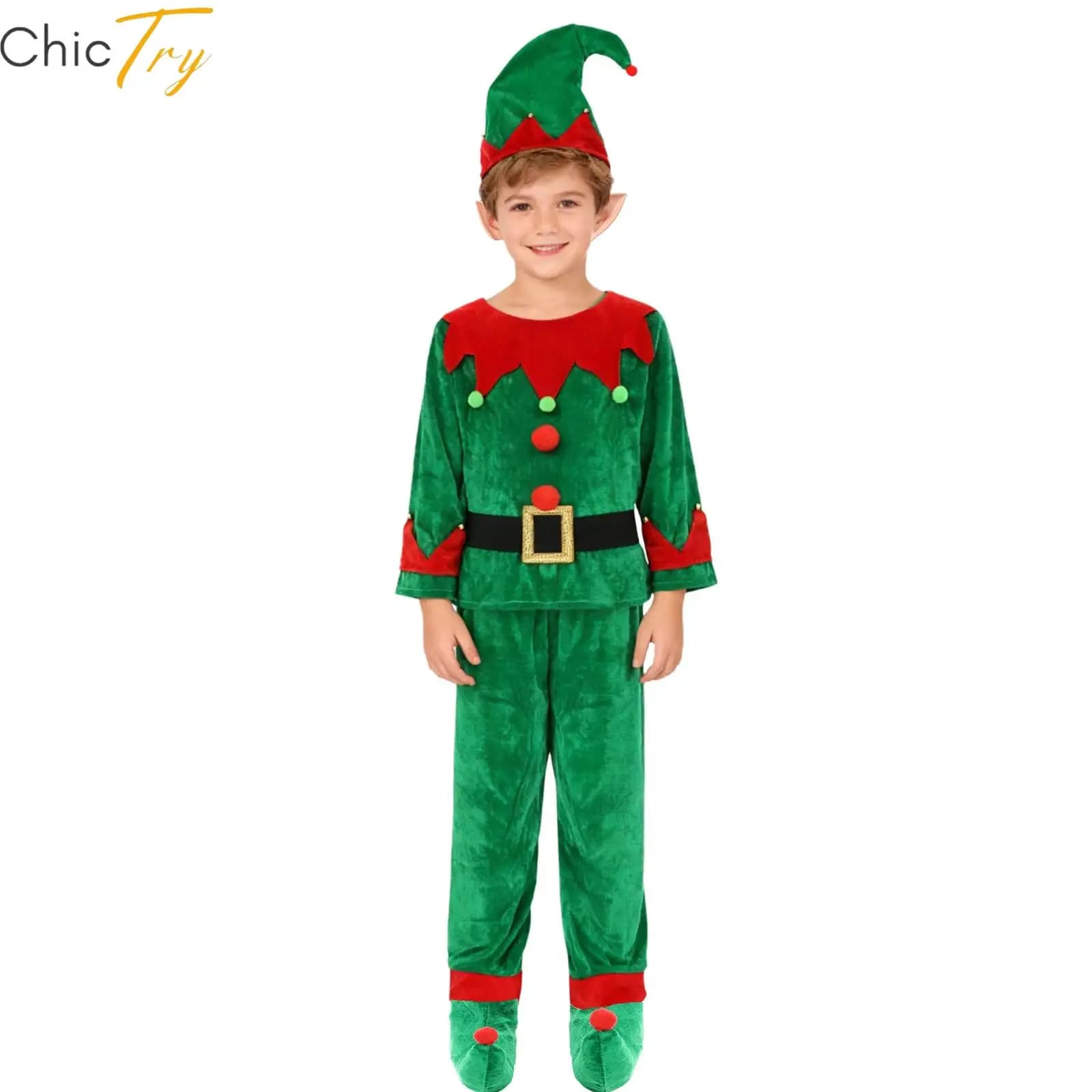 Girls Christmas Elf Costume Xmas Santa Clause Set Featuring Shirt Pants Hat Silicone Ears Belt Stockings Shoes New Year Outfits