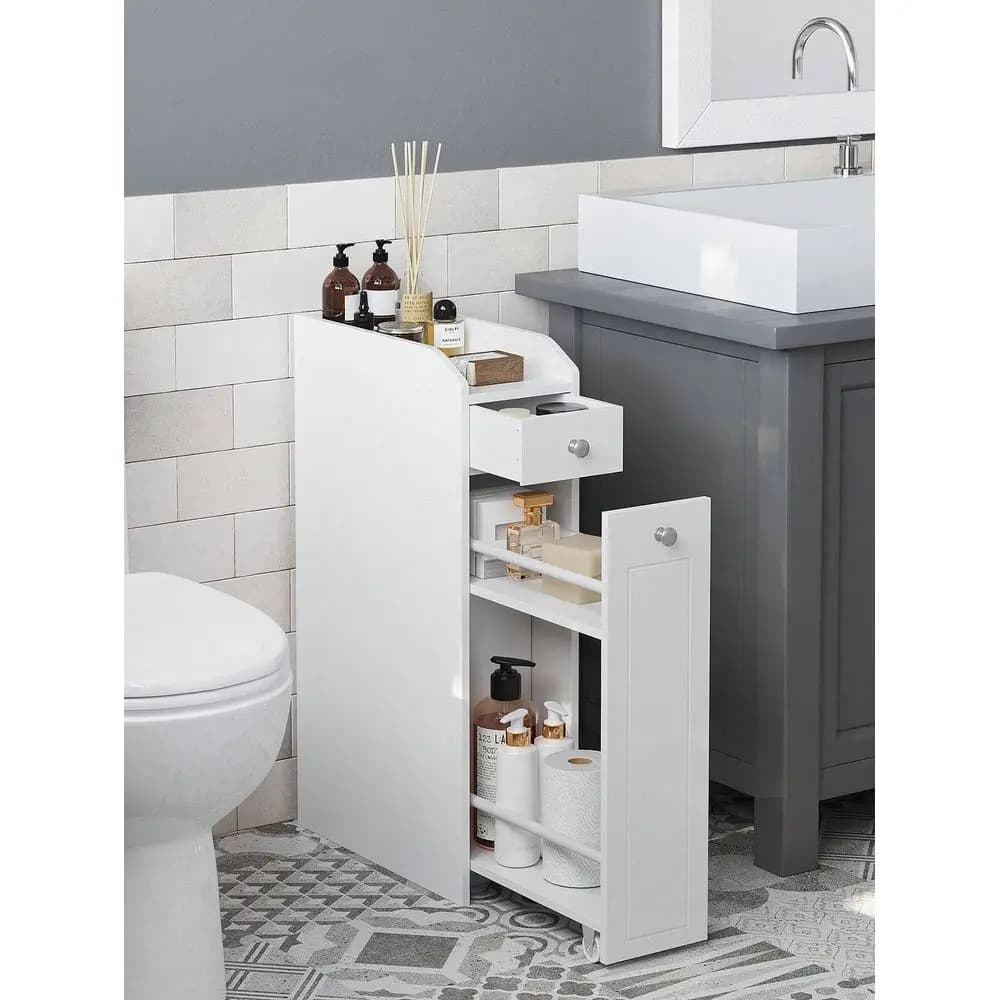 Mobiletto Salvaspazio per Bagno, Organizzatore Sottile per Bagno, Porta Carta Igienica con Vano Portaoggetti, Armadietto Porta Carta Igienica
