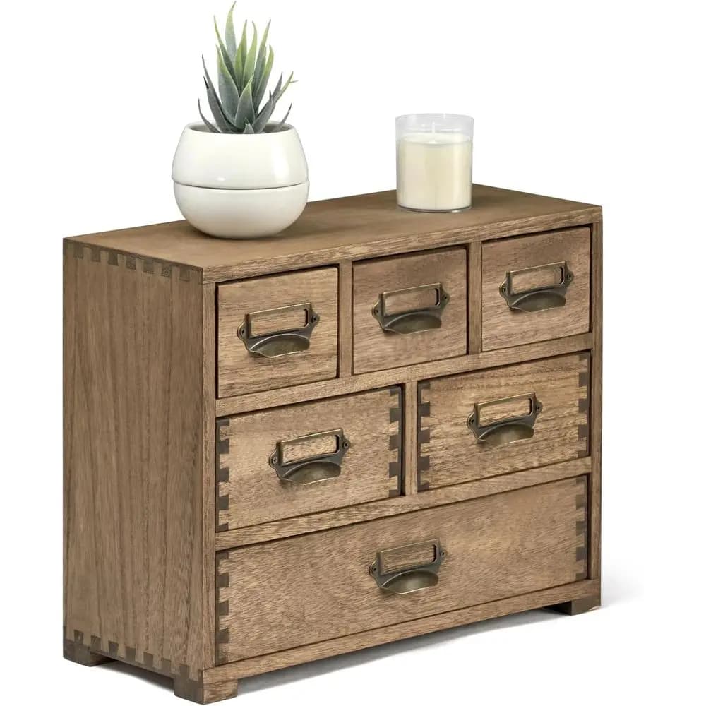 Organizzatore da scrivania in legno, mini cassettiera con 6 cassetti e maniglie, porta etichette, per l'organizzazione di casa, camera da letto e ufficio