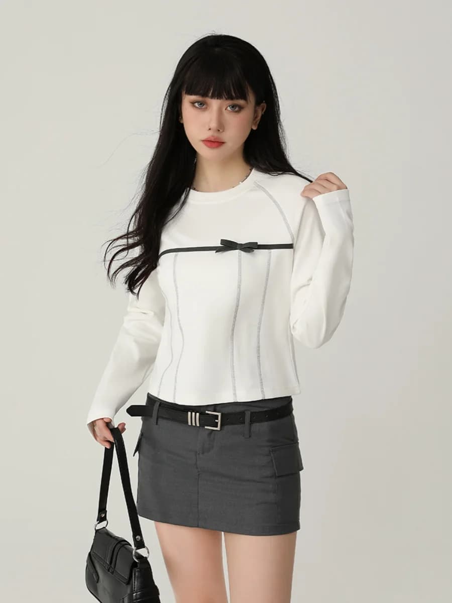 FTFLAB Knot Long Sleeve Autumn Style Simple Backstitch Shoulder Insertion Top Women's Fashion Cotton Blend T-shirt
