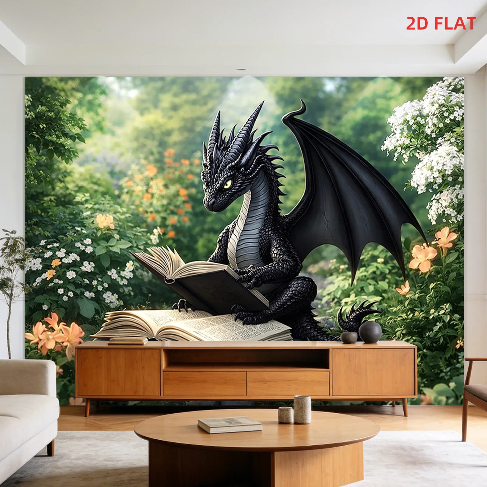 Fantasy Dragon Reading Book Tapestry with Green Garden and Flowers 180x280cm Wall Decor