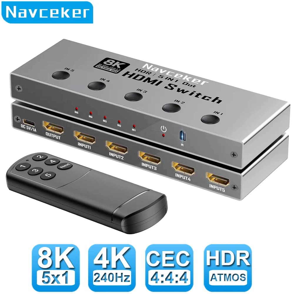 HDMI Switcher 2.1 Navceker 8K 4K 240Hz 3 Inputs 5 HDMI Splitter Outputs with Laptop Remote Control PS5 Monitor Xbox TV
