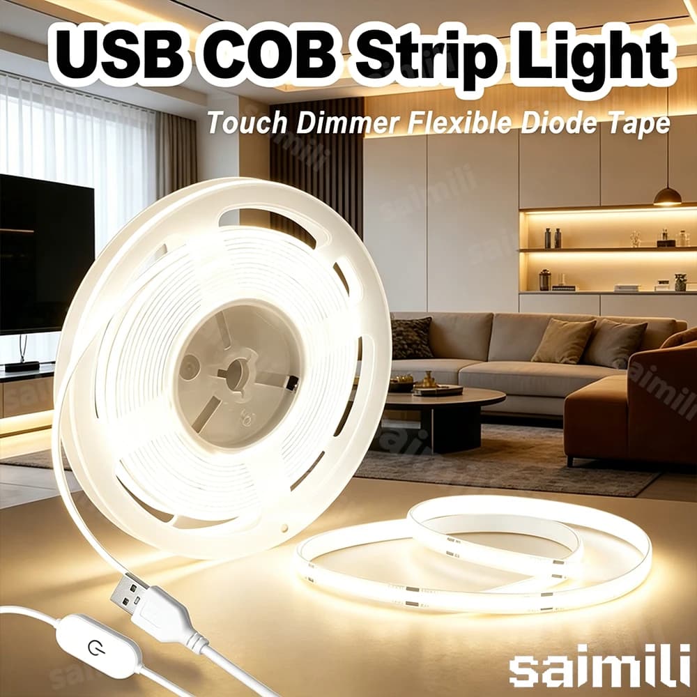 Striscia LED COB USB da 1-5M con Interruttore Touch Dimmerabile per Illuminazione Interna, Soggiorno, Camera da Letto, Armadio, Sfondo TV, Cucina