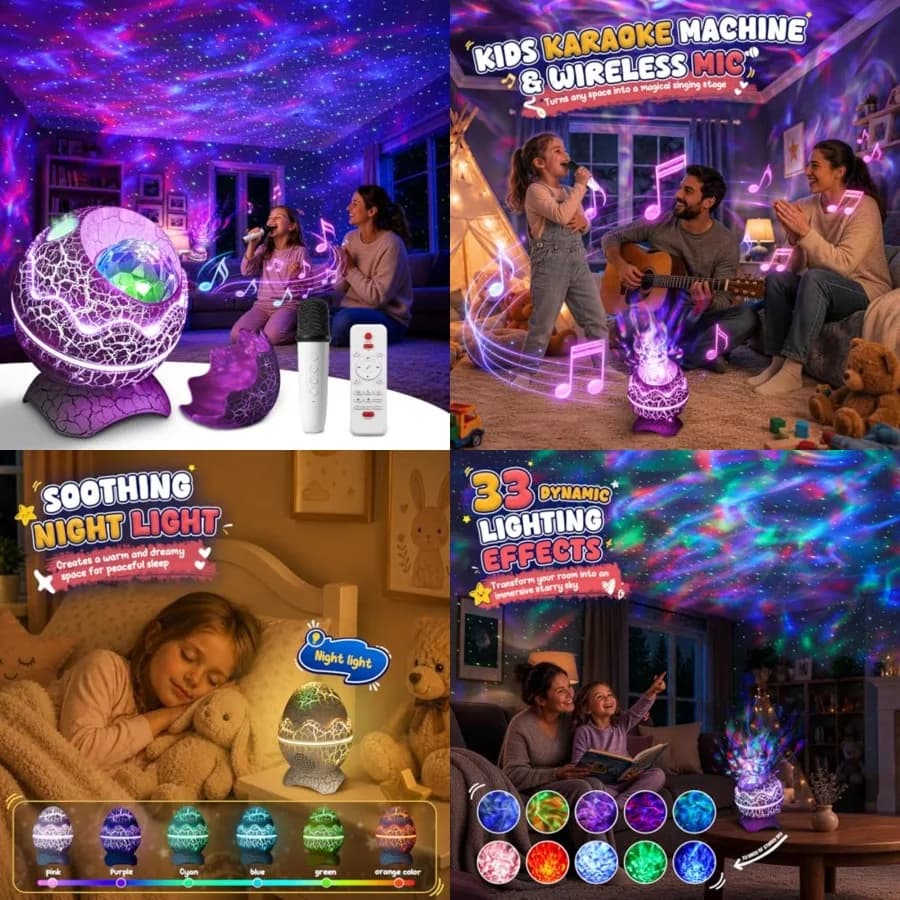 Proiettore Galassia Rosetta con Funzione Karaoke, Proiettore Stellare Ricaricabile con Microfono Wireless, Altoparlante Bluetooth, Luce Notturna