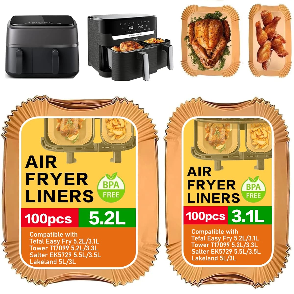 Carta da forno per friggitrice ad aria Carta pergamena compatibile con Moulinex EZ901820 5,2/3,1 L, Serie 3000,Cecotec 5,5/3,5L