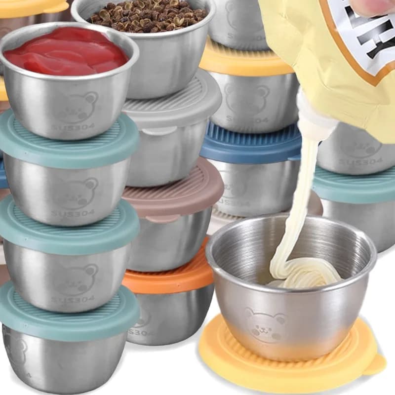 10/1pc 50ml Stainless Steel Winery Diving Sauce Cups Reusable Food Container Seasoning For Salad Container Covers Silicone