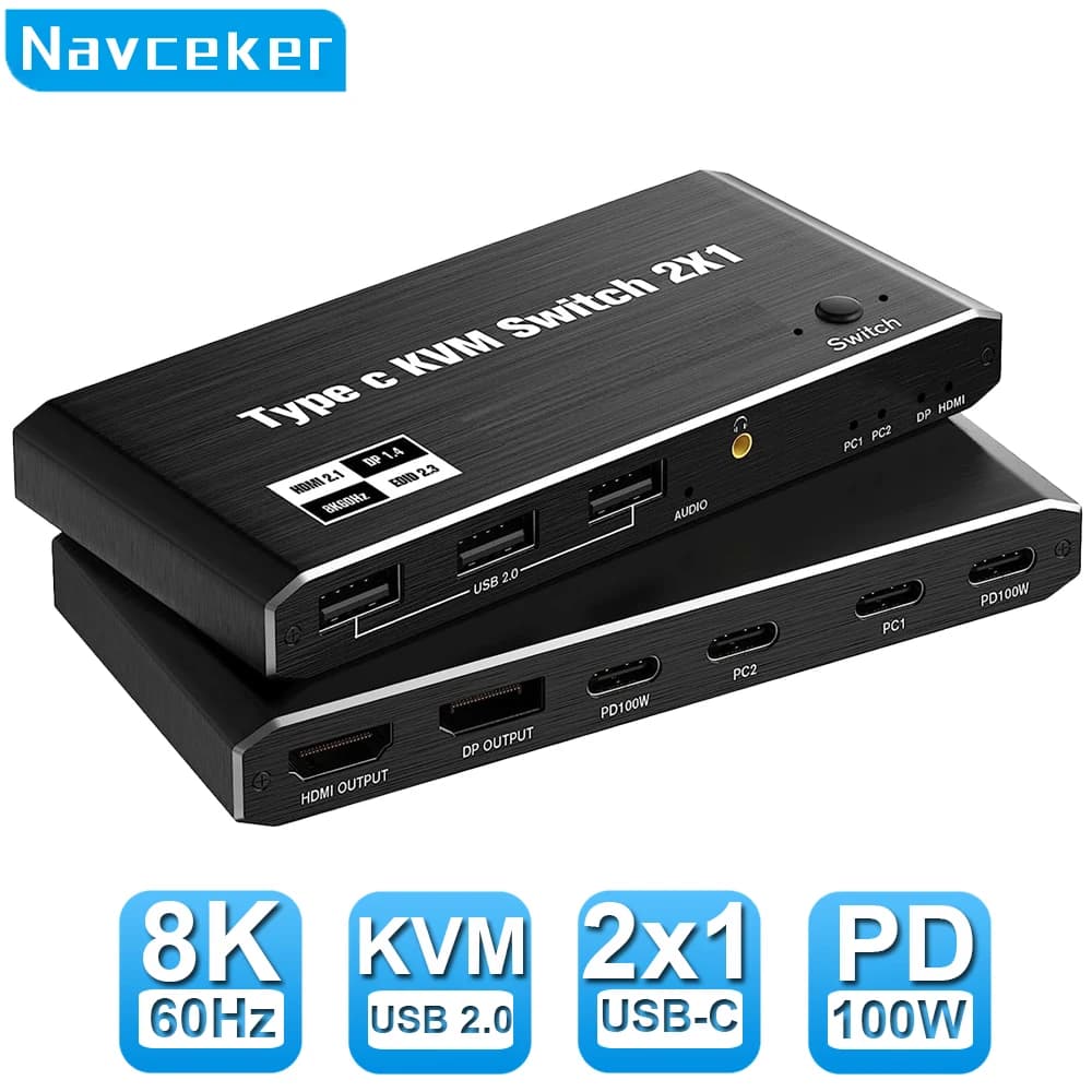 Navceker 2x1 8K Thunderbolt 4 USB C KVM Switch 100W PD Charge 4K 144Hz Type C KVM Switcher for 2 Laptop Macbook 1 Monitor