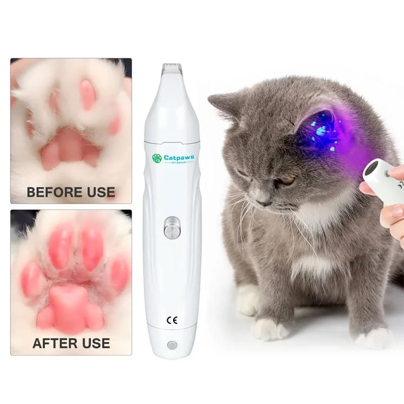 Tosatrice per peli di animali domestici senza stress con lampada per la pulizia del muso del gatto, affilatore per unghie e tosatrice per zampe per cani e gatti, strumento di toelettatura silenzioso a bassa vibrazione