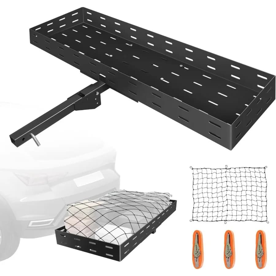 Cestino portabagagli posteriore con supporto per gancio di ancoraggio pieghevole 60x20x5 con cinghie a rete e cricchetto per 2 ricevitori, capacità di 400 libbre