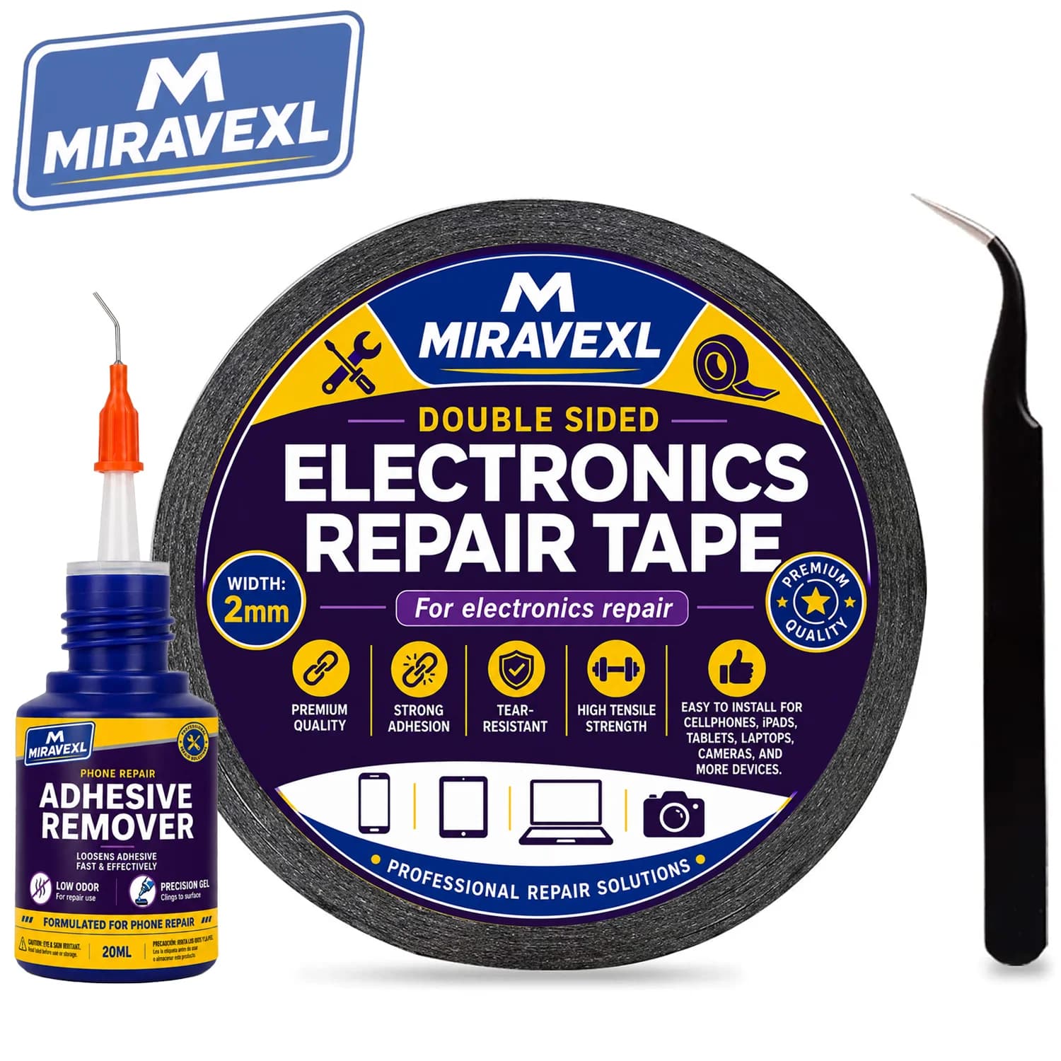 2mm Phone Screen Repair Tape Kit with Tweezers & 20ml Adhesive Remover for Cell Phones, iPads, Tablets, Laptops & Cameras