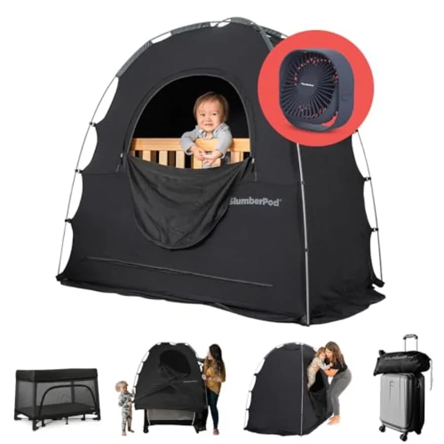 Tenda da Sonno Oscurante per Neonati e Bambini con Ventilatore, Mini Culla e Copertura per Box, Blocca oltre il 95% della Luce, Nera, Include Monitor Pouc