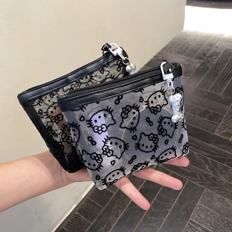 Hello Kitty Mesh Makeup Bag Transparent Zipper Pouch Cute Cartoon Cosmetic Organizer Portable Travel Storage Case for Girls