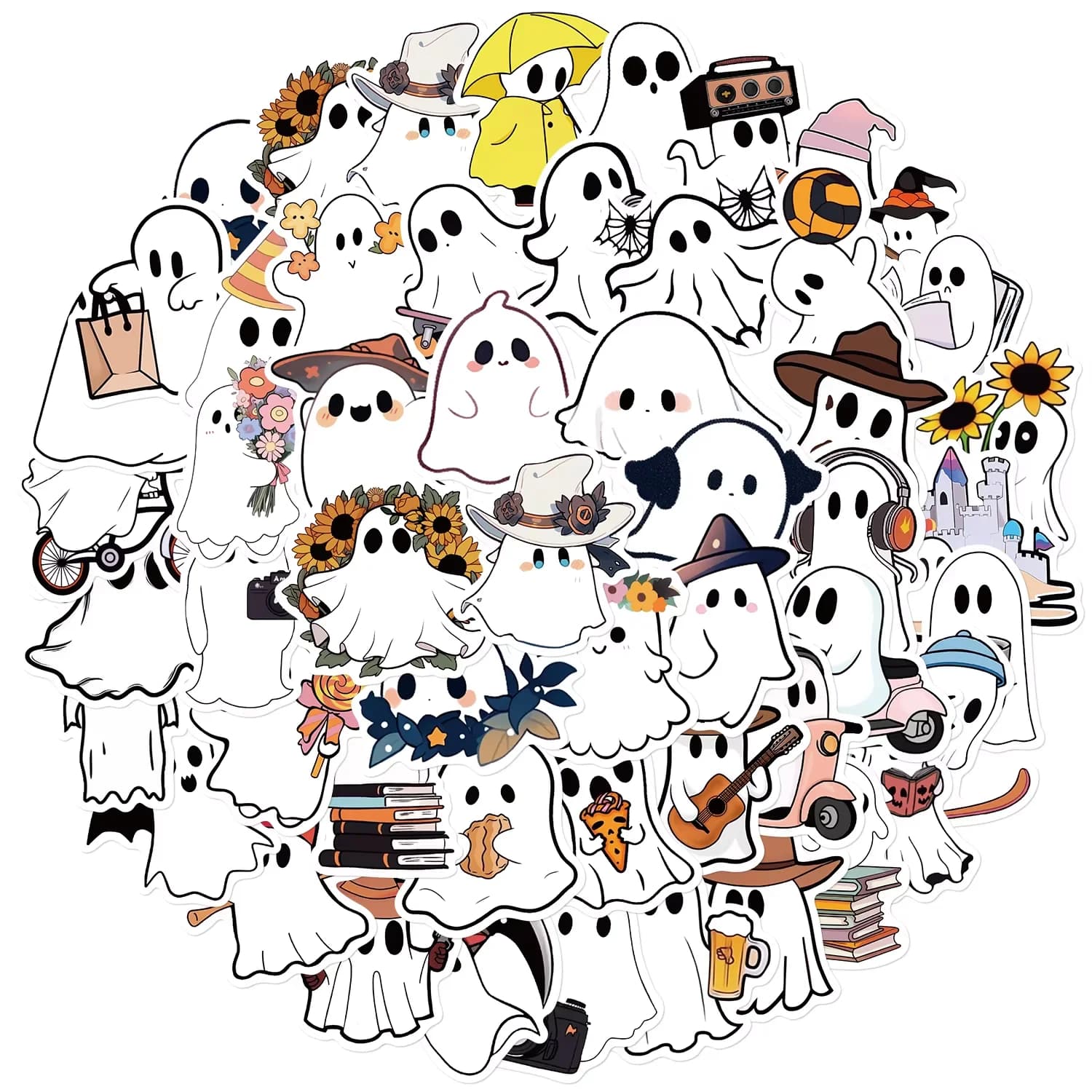 50 pezzi di adesivi piccolo fantasma per notebook, divertenti cartoni animati di Halloween, estetici per laptop, bagagli, album, adesivi per telefono da bicicletta